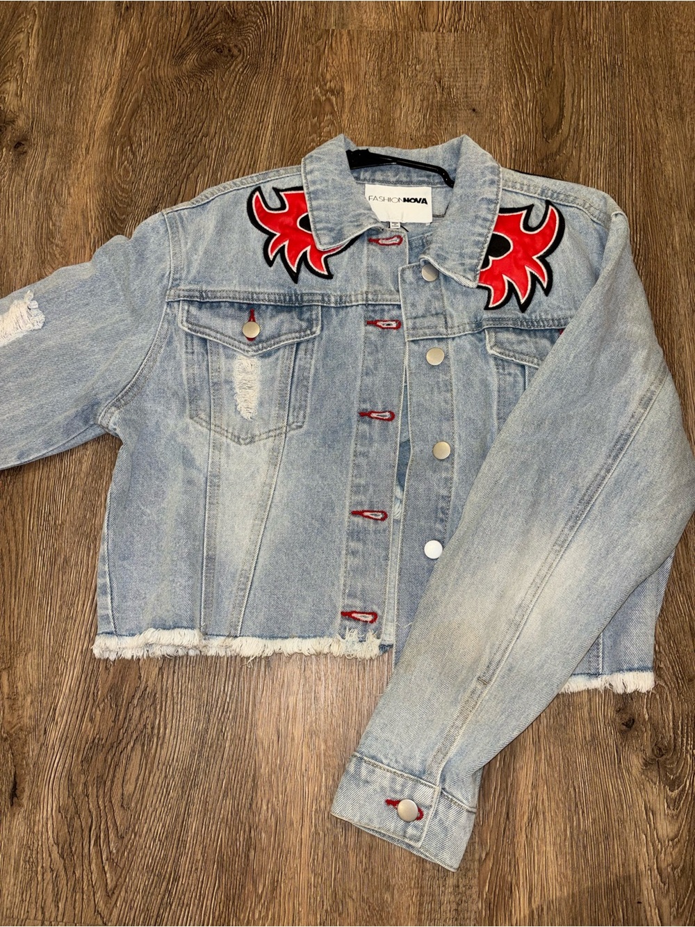 Fashion Nova Light Wash Denim Jacket with Red Flame Patches